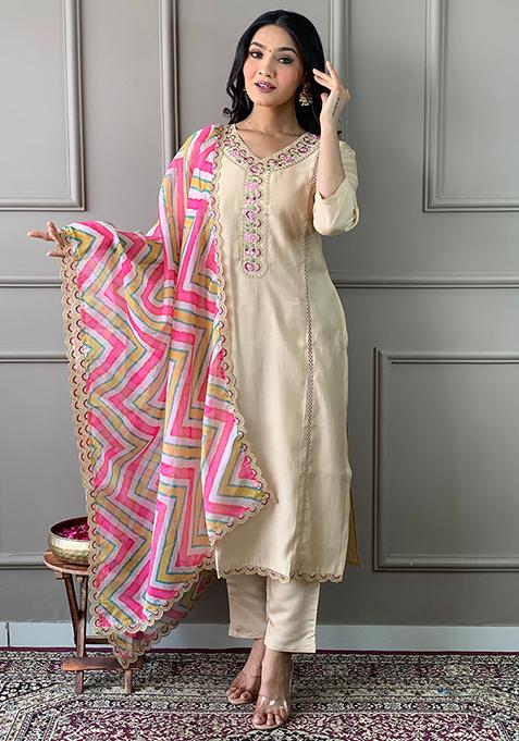 Chiku Brown Embroidered Poly Blend Kurta Set