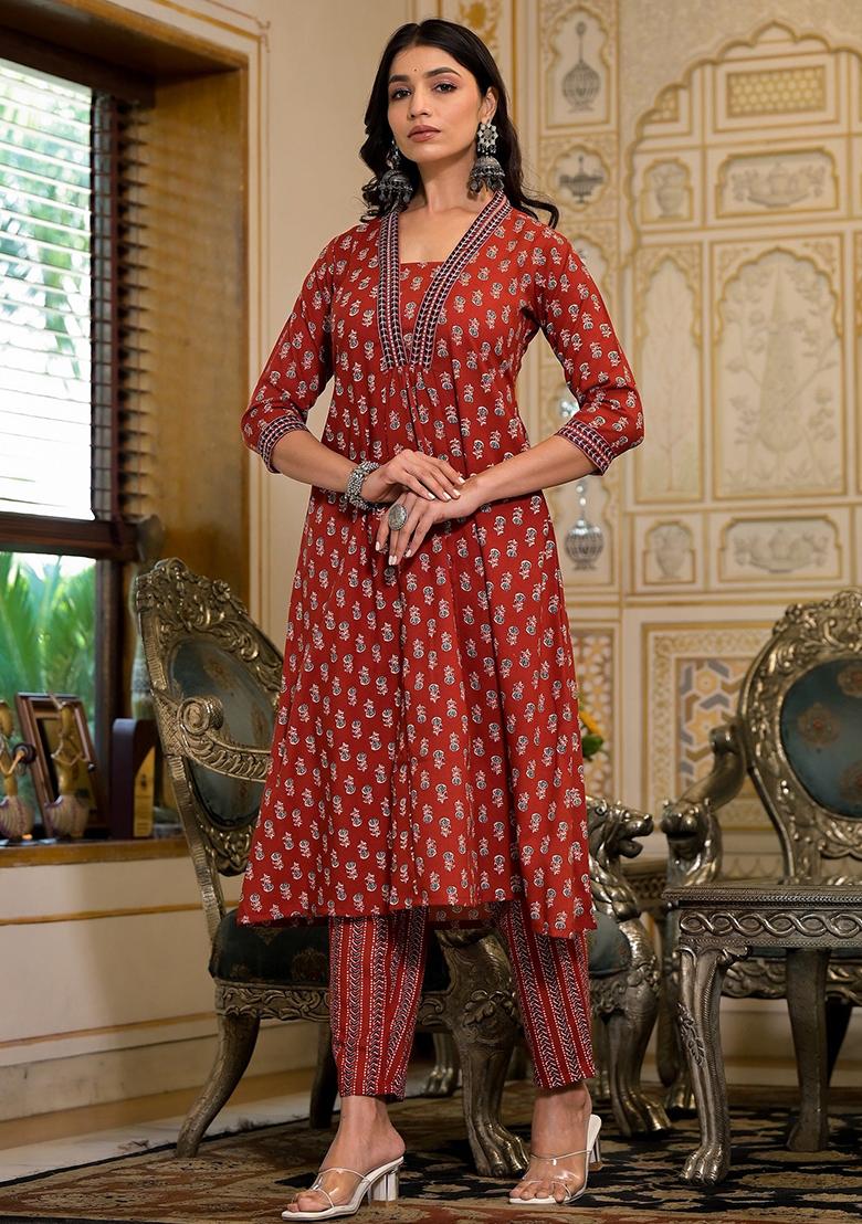 Red Printed Rayon Kurta Set