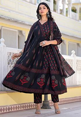 Black Printed Rayon Kurta Set