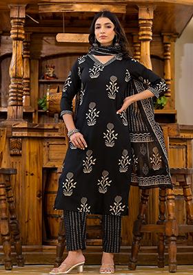Black Printed Rayon Kurta Set