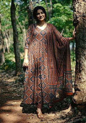 Brown Printed Rayon Kurta Set