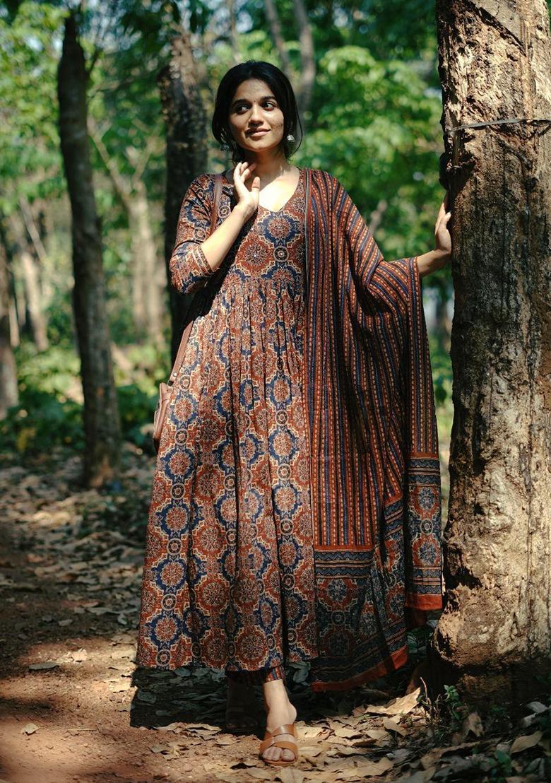 Brown Printed Rayon Kurta Set