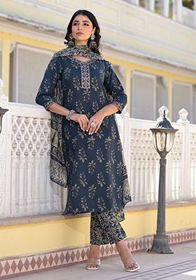 Navy Blue Printed Rayon Kurta Set