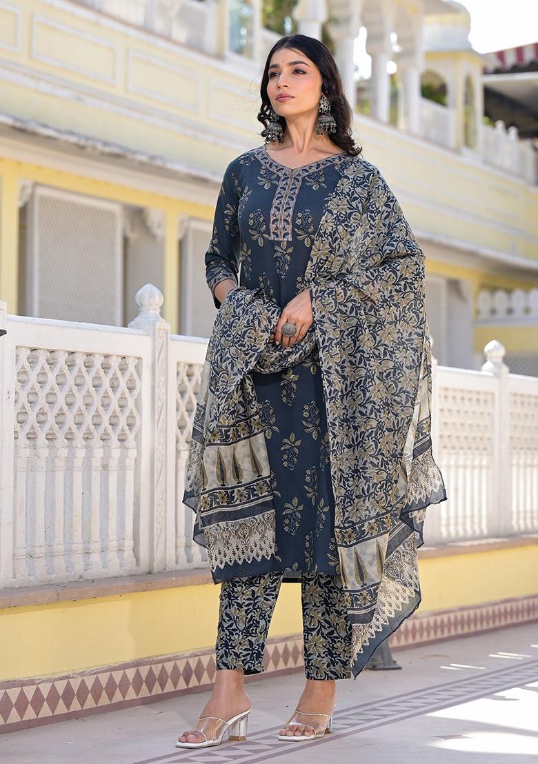 Navy Blue Printed Rayon Kurta Set