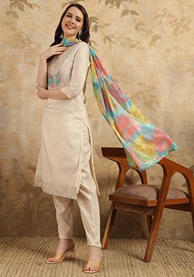 Chiku Brown Embroidered Cotton Kurta Set