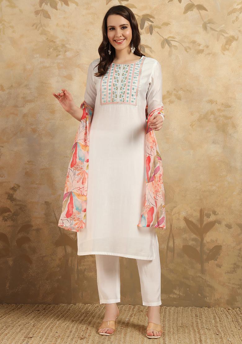Off White Embroidered Poly Blend Kurta Set