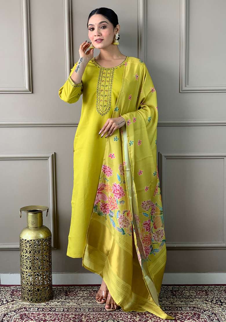 Parrot Green Embroidered Poly Straight Kurta Set - Indya