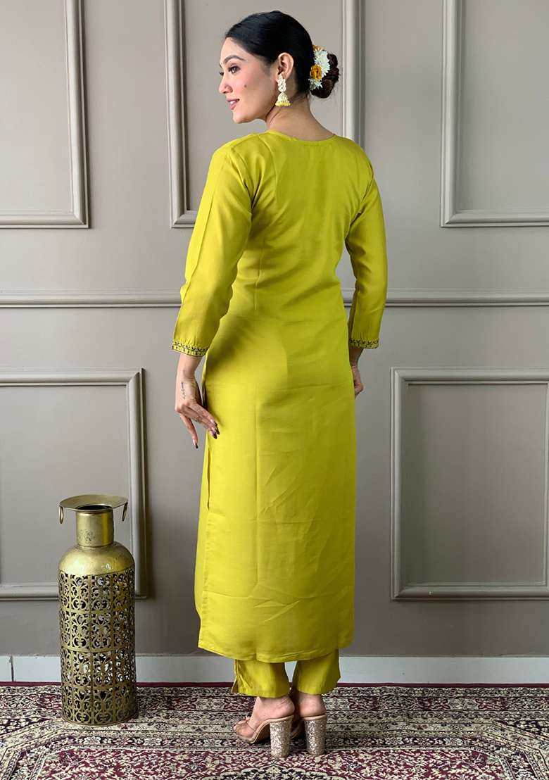 Parrot Green Embroidered Poly Straight Kurta Set - Indya