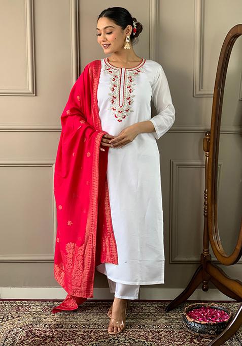 Off White Embroidered Poly Blend Kurta Set