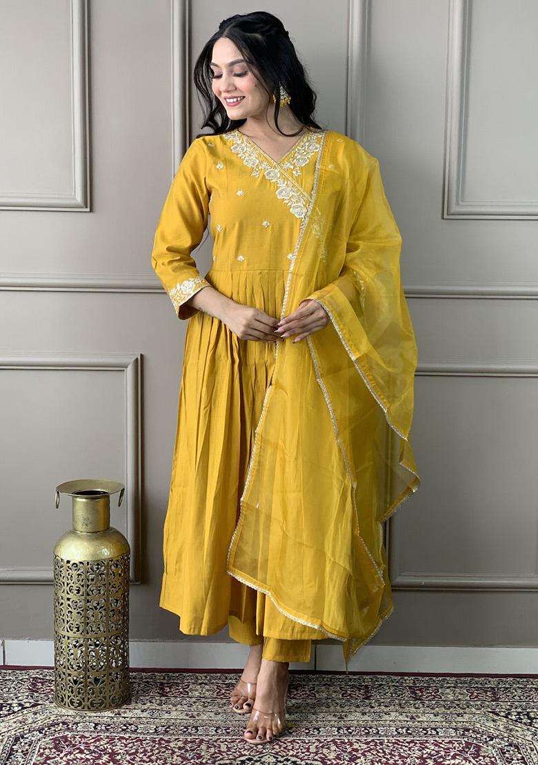 Mustard Embroidered Poly Blend Kurta Set