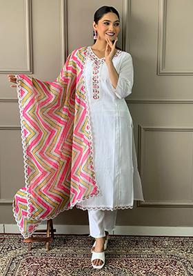 White Embroidered Poly Blend Kurta Set