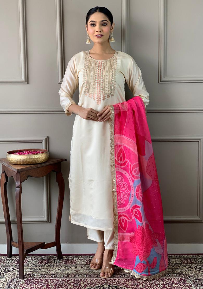 Off White Embroidered Poly Blend Kurta Set