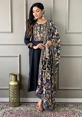 Black Embroidered Poly Blend Kurta Set