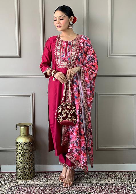 Maroon Embroidered Poly Blend Kurta Set