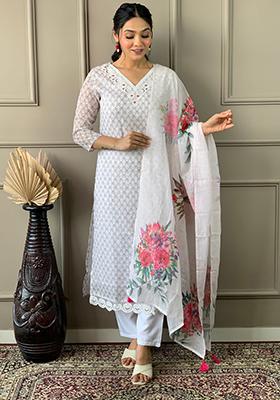 Off White Embroidered Poly Blend Kurta Set