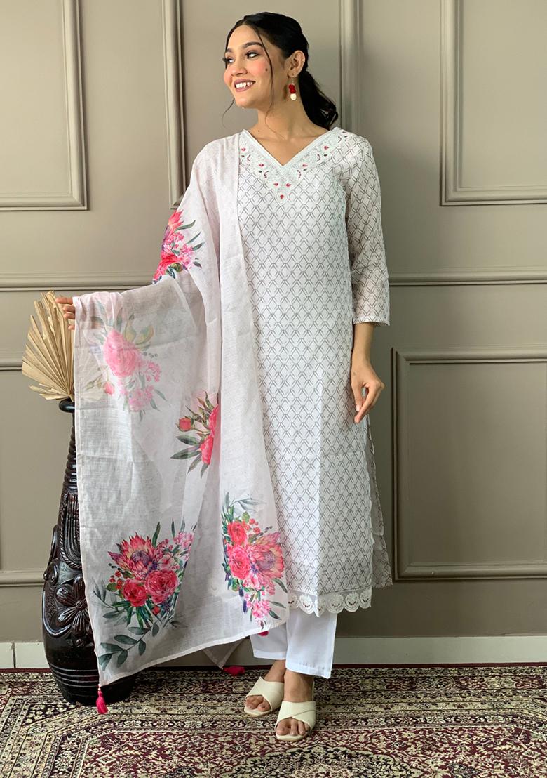 Off White Embroidered Poly Blend Kurta Set
