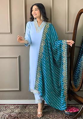 Sky Blue Embroidered Poly Blend Kurta Set