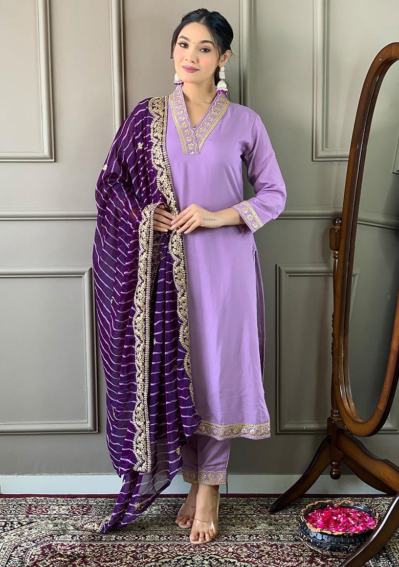 Purple Embroidered Poly Blend Kurta Set