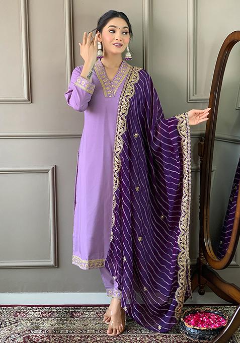 Purple Embroidered Poly Blend Kurta Set