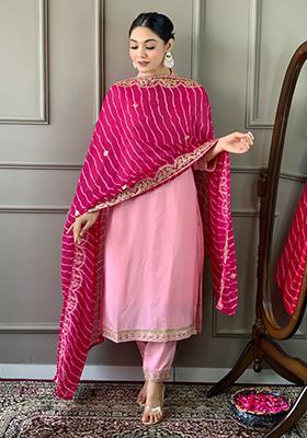Pink Embroidered Poly Blend Kurta Set