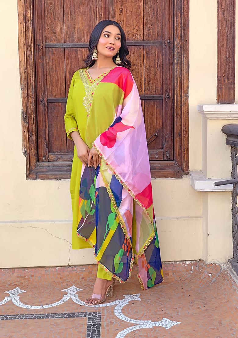 Lemon Green Embroidered Poly Blend Kurta Set