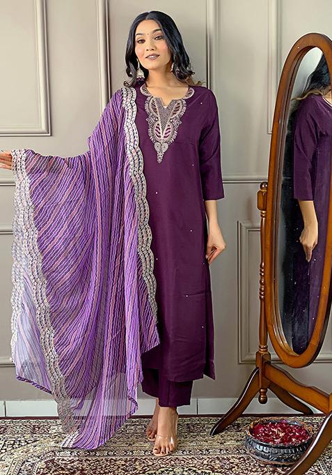 Purple Embroidered Viscose Kurta Set