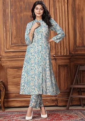 Sky Blue Printed Rayon Kurta Set