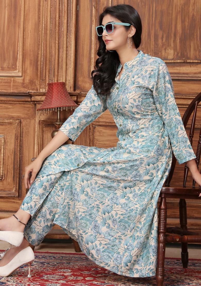 Sky Blue Printed Rayon Kurta Set
