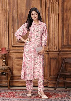 Pink Printed Rayon Kurta Set