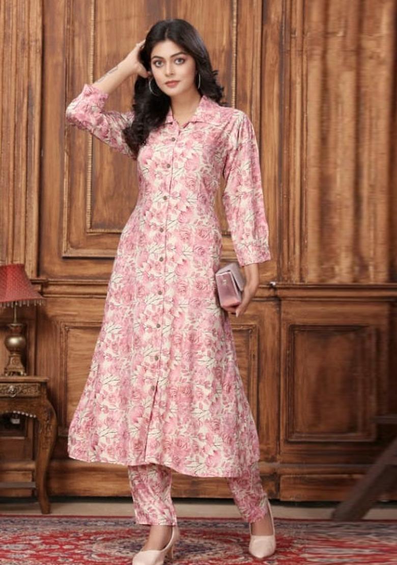Pink Printed Rayon Kurta Set