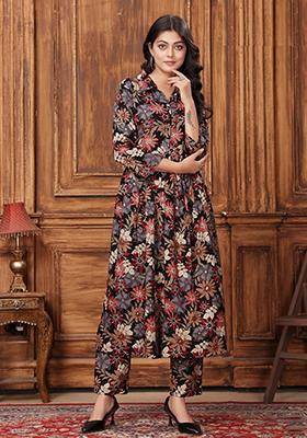 Black Printed Rayon Kurta Set
