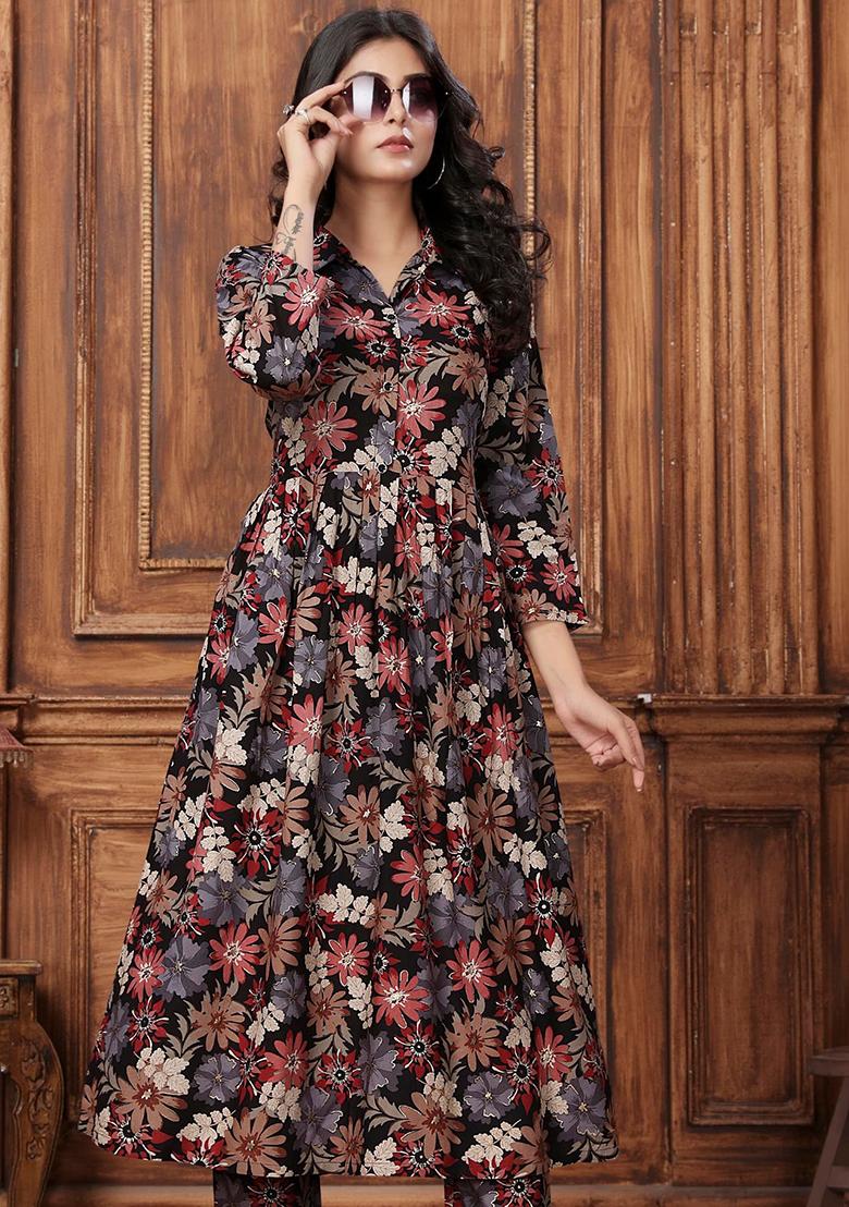 Black Printed Rayon Kurta Set