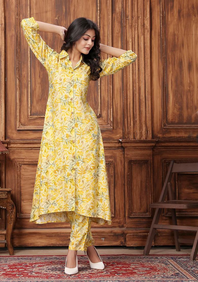Yellow Printed Rayon Kurta Set