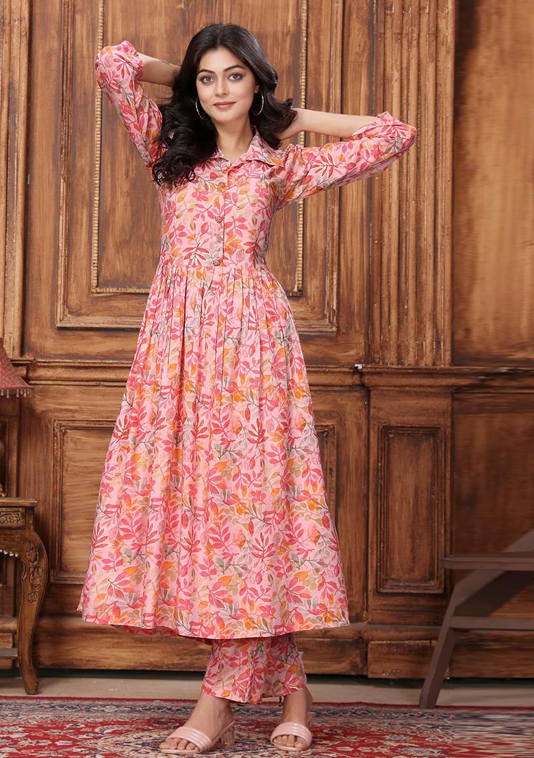 Peach Printed Rayon Kurta Set