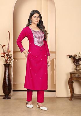 Pink Embroidered Rayon Kurta Set