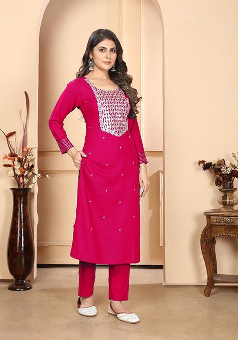Pink Embroidered Rayon Kurta Set