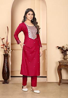 Red Embroidered Rayon Kurta Set