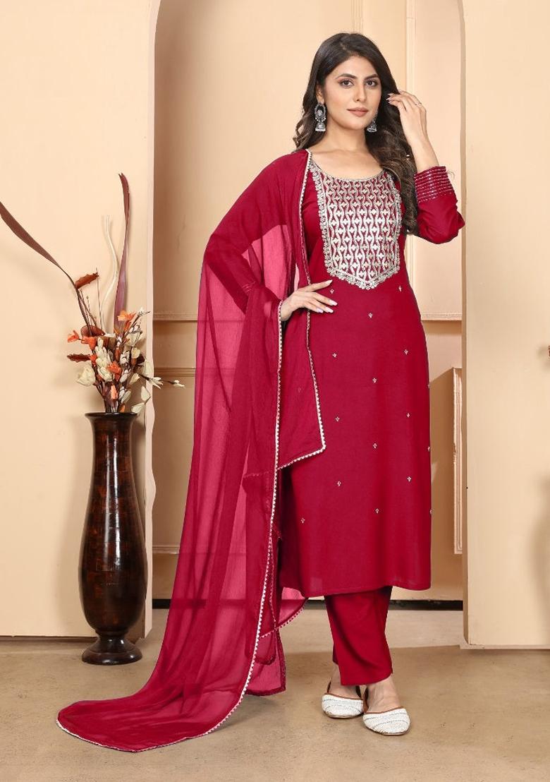 Red Embroidered Rayon Kurta Set