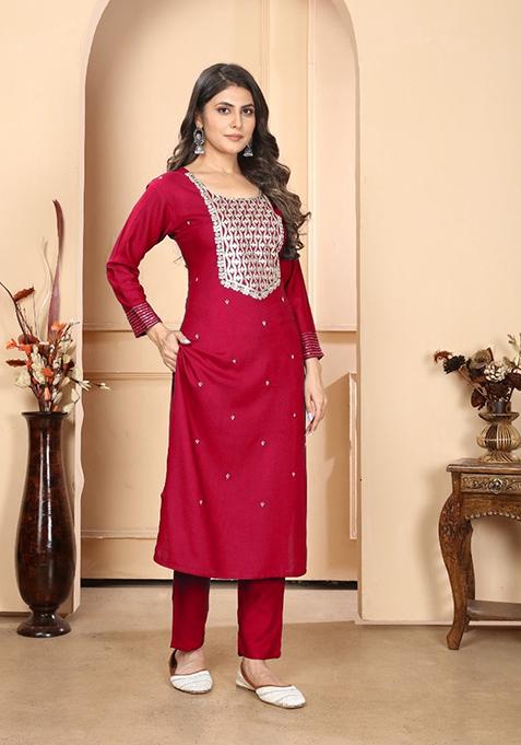 Red Embroidered Rayon Kurta Set