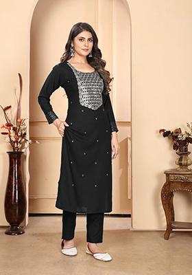 Black Embroidered Rayon Kurta Set