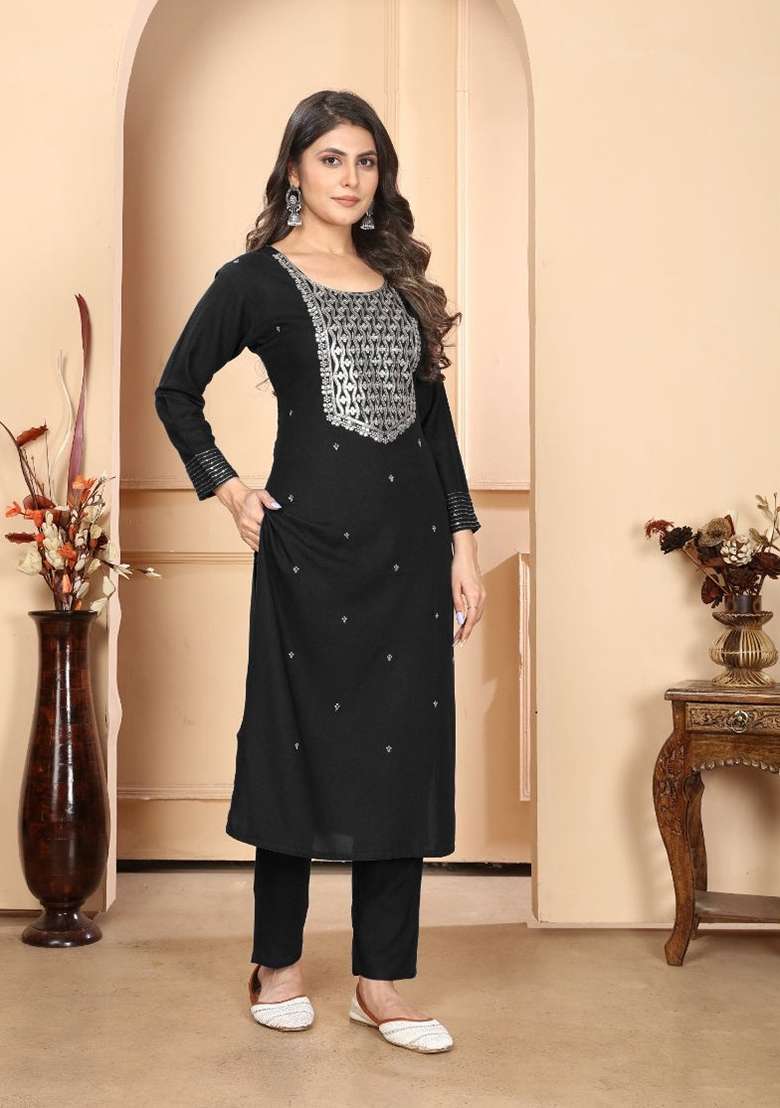 Black Embroidered Rayon Straight Kurta Set - Indya