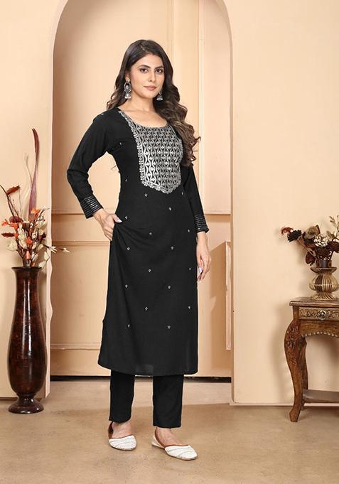 Black Embroidered Rayon Kurta Set