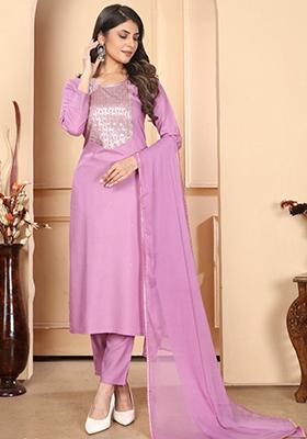 Onion Pink Embroidered Rayon Kurta Set