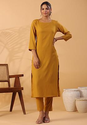 Mustard Solid Rayon Kurta Set