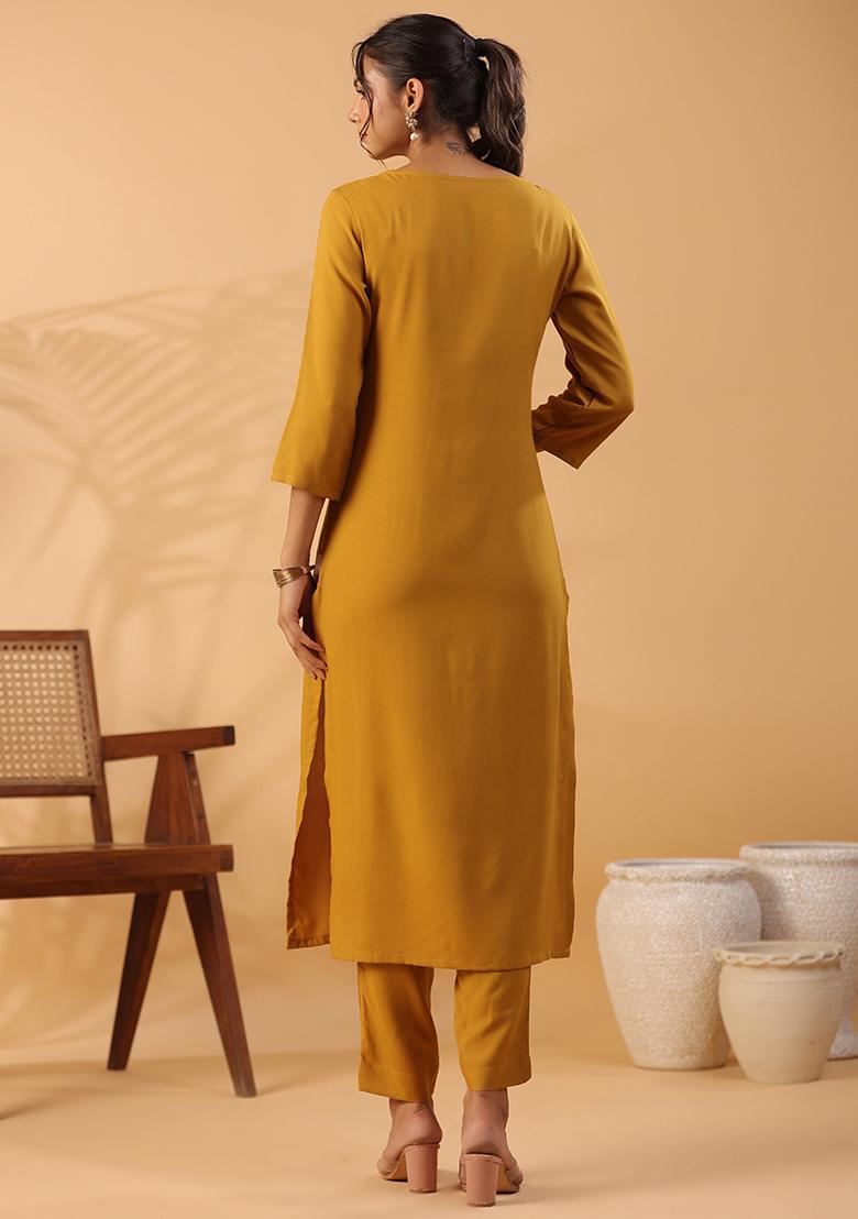 Mustard Solid Rayon Kurta Set