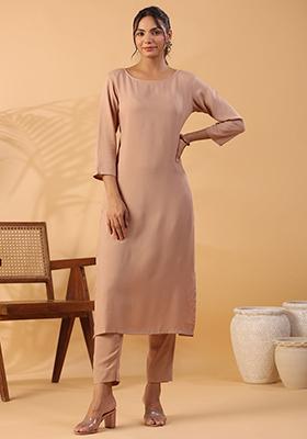 Beige Solid Rayon Kurta Set
