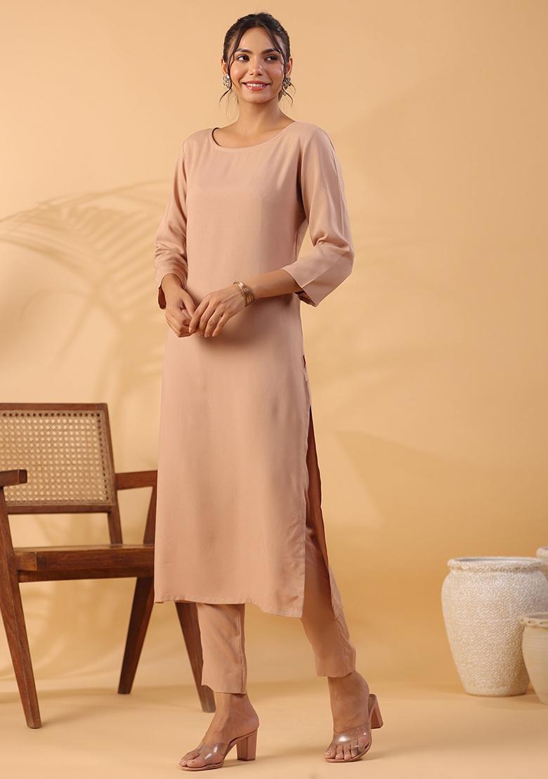 Beige Solid Rayon Kurta Set