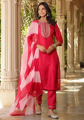 Pink Embroidered Chanderi Kurta Set