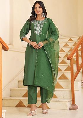 Green Embroidered Silk Kurta Set
