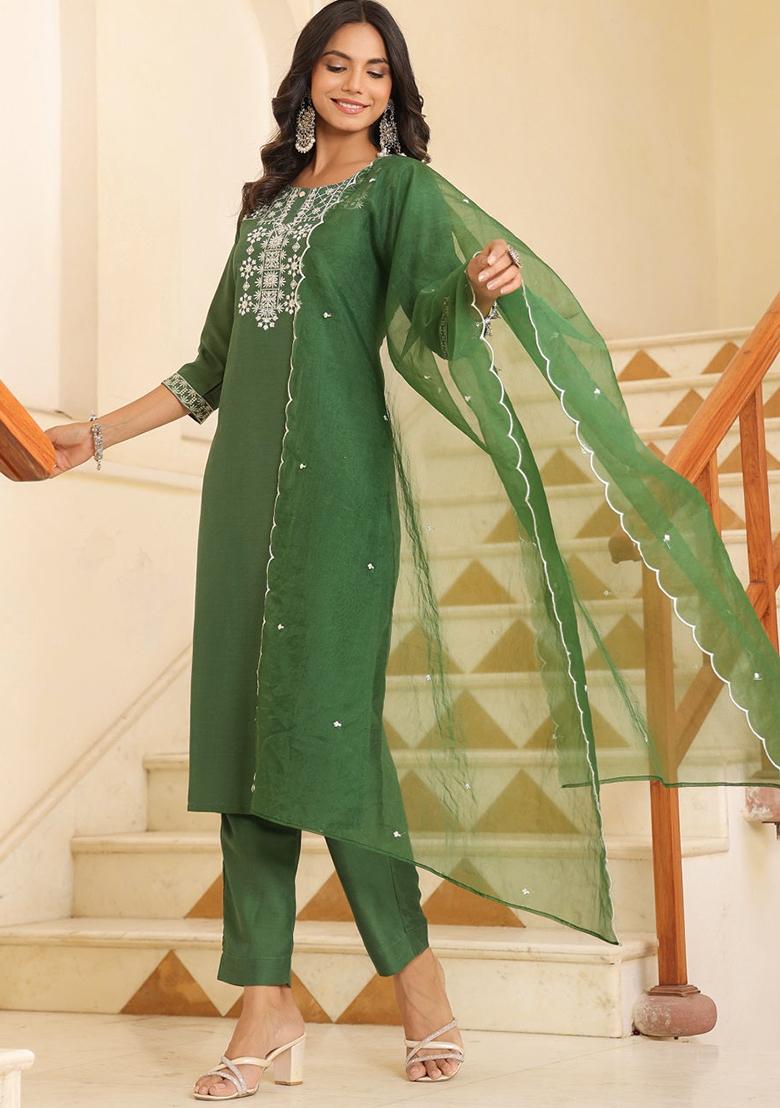 Green Embroidered Silk Kurta Set
